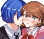  1boy 1girl black_jacket black_ribbon blue_eyes blue_hair blush bow bowtie brown_eyes brown_hair cardigan choker closed_mouth collarbone collared_shirt couple earrings facing_another gekkoukan_high_school_uniform hair_between_eyes hair_over_one_eye heart heart_choker jacket jewelry kiss kissing_cheek looking_at_viewer motion_blur neck_ribbon open_mouth persona persona_3 persona_3_reload pink_cardigan red_bow red_bowtie ribbed_cardigan ribbon school_uniform selfie shirt short_hair smile stud_earrings surprise_kiss surprised sweatdrop takeba_yukari upper_body white_background white_choker white_shirt wide-eyed yuuki_makoto_(persona_3) yuyuy_00 