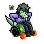 anthro baryonyx cavemanon_studios clothed clothing dinosaur female green_body green_hair grey_eyes hair hoodie i_wani_hug_that_gator olivia_halford purple_clothing reptile scalie silvialikescherries simple_background solo spinosaurid theropod topwear vehicle wheelchair white_background yellow_sclera