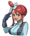  1girl :d aqua_jacket blue_eyes commentary_request echizen_(n_fns17) gloves hair_between_eyes hair_ornament hand_up jacket one_side_up open_mouth pokemon pokemon_bw red_hair sidelocks simple_background skyla_(pokemon) smile solo teeth tongue upper_teeth_only white_background 