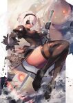  1girl 2b_(nier:automata) black_blindfold black_dress black_hairband blindfold boots breasts dress gloves hairband hinoru_saikusa juliet_sleeves long_sleeves medium_breasts nier:automata nier_(series) panties pantyshot parted_lips puffy_sleeves short_hair thigh_boots underwear virtuous_contract white_hair 