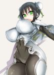  1girl arm_guards asanagi bangs black_hair blush bodysuit breasts bun_cover cape chinese_clothes cloud_print covered_navel double_bun eyebrows_visible_through_hair fate/grand_order fate_(series) from_below gloves green_eyes green_ribbon highres impossible_clothes large_breasts looking_at_viewer polearm qin_liangyu_(fate) ribbon shiny shiny_clothes short_hair sidelocks skin_tight solo sweatdrop weapon 