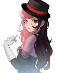  1girl absurdres bare_shoulders black_hair black_hat breasts brown_eyes commentary detached_sleeves fedora gloves hat heterochromia highres juliet_sleeves long_hair long_sleeves looking_at_viewer multicolored_hair neo_politan parted_lips pink_eyes pink_hair puffy_sleeves rwby simple_background small_breasts solo swept_bangs tiatoonz two-tone_hair upper_body very_long_hair white_background white_gloves 