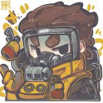  1boy absurdres apex_legends black_eyes brown_hair caustic_(apex_legends) gas_grenade gas_mask gloves goggles hair_behind_ear hazmat_suit highres jrpencil looking_to_the_side male_focus mask portrait solo yellow_gloves 