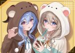  2girls :o absurdres alternate_costume animal_hood artist_name blonde_hair blue_eyes blue_hair blue_ribbon brown_pajamas commentary crossed_bangs cup disposable_cup drinking_straw firefly_(honkai:_star_rail) ganyu_(genshin_impact) genshin_impact goat_horns hair_between_eyes hand_up hands_up harukix highres holding holding_cup honkai:_star_rail honkai_(series) hood hood_up hooded_pajamas horns long_hair long_sleeves looking_at_viewer mihoyo milkshake multicolored_eyes multiple_girls neck_ribbon open_mouth open_pajamas orange_ribbon pajamas pink_eyes pom_pom_(clothes) purple_eyes ribbon shirt upper_body white_pajamas white_shirt 