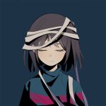  1other androgynous bandages blue_background brown_hair chara_(undertale) closed_eyes guangchenren simple_background solo striped_clothes striped_sweater sweater undertale upper_body 