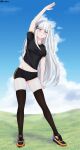  1girl absurdres black_shirt blush boots cloud cloudy_sky exercise full_body gym_shorts gym_uniform highres kneehighs midriff_peek re:zero_kara_hajimeru_isekai_seikatsu satella_(re:zero) shirt shorts sky socks solo_focus stretching thighs white_hair xuan 