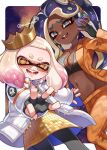  2girls breasts cephalopod_eyes cleavage crown dark-skinned_female dark_skin dutch_angle fingerless_gloves gloves headphones highres inkling long_hair looking_at_viewer marina_(splatoon) medium_breasts mole mole_under_mouth multiple_girls navel octoling open_mouth pantyhose pearl_(splatoon) pink_hair pink_pupils shina_shina short_hair splatoon_(series) splatoon_3 star-shaped_pupils star_(symbol) suction_cups symbol-shaped_pupils tentacle_hair yellow_eyes 