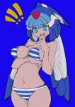  ! !! 1girl absurdres arm_under_breasts bare_shoulders bikini blue_background blue_bikini blue_eyes blue_helmet blush buzzlyears collar covered_navel cowboy_shot fairy_leviathan_(mega_man) forehead_jewel highres mega_man_(series) mega_man_zero_(series) navel simple_background solo striped_bikini striped_clothes sweat swimsuit tears white_bikini 