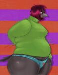 anthro avian big_butt bird bodily_fluids butt clothing colorful_background corvid corvus_(genus) crow feathers female grey_body grey_feathers hair hi_res looking_at_viewer mature_female oscine overweight overweight_female panties passerine raunchycrow red_hair scratching_back solo sweat sweater sylvia_(crowmunch) thick_thighs tired topwear underwear