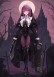  1girl black_gloves blush bodystocking boots breasts building chowbie full_body gloves gun habit holding holding_gun holding_suitcase holding_weapon knee_boots large_breasts long_hair nun nunholy purple_hair red_eyes solo suitcase tombstone weapon 