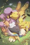  6+others absurdres ampharos claws closed_eyes cuddling dedenne electricity fangs flower grass highres jolteon mareep multiple_others no_humans nullma open_mouth pokemon pokemon_(creature) poknullma raikou sleeping smile trait_connection yellow_fur 