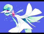  artist_name blue_background bob_cut colored_skin commentary_request dress gardevoir green_hair hair_over_one_eye highres multicolored_skin pink_eyes pokemon pokemon_(creature) reira_(r-suoh) simple_background smile two-tone_skin white_dress white_skin 