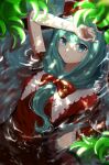  1girl aqua_eyes aqua_hair arm_ribbon bow dress frilled_ribbon frilled_sleeves frills front_ponytail green_eyes hair_between_eyes hair_bow hair_ribbon kagiyama_hina kouya_(sugar_wolfs) leaf looking_at_viewer partially_submerged puffy_short_sleeves puffy_sleeves red_bow red_dress red_ribbon ribbon short_sleeves solo touhou upper_body water wet wet_clothes 