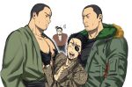  4boys ^^^ bara bare_pectorals black_hair blurry boy_sandwich buzz_cut character_request depth_of_field eyepatch face_between_pectorals facial_hair from_side gloves goatee_stubble grabbing groping highres jamo_damo japanese_clothes kimono large_pectorals majima_goro male_focus mature_male multiple_boys muscular muscular_male mustache_stubble open_clothes open_kimono pectoral_grab pectorals ryuu_ga_gotoku_(series) sandwiched short_hair sideburns_stubble stubble sweatdrop thick_eyebrows upper_body very_short_hair yaoi 