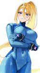  1girl absurdres anger_vein blonde_hair blue_bodysuit blue_eyes blue_gloves blush bodysuit breasts covered_navel crossed_arms eyelashes from_below gloves hair_between_eyes high_ponytail highres large_breasts long_hair looking_at_viewer metroid mole mole_under_mouth parted_lips samus_aran simple_background skin_tight solo standing white_background yasaikakiage 