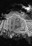  2boys curly_eyebrows deadjuice food greyscale hair_over_one_eye kiss m_legs male_focus monochrome multiple_boys night night_sky on_rooftop one_piece onigiri pants roronoa_zoro sanji_(one_piece) short_hair sitting sky tree yaoi 