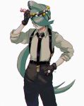  1girl ahoge androgynous belt black_gloves black_pants collared_shirt covered_eyes cowboy_shot facing_viewer flower_wreath gloves green_hair grey_shirt hair_over_eyes hand_on_own_head hand_on_own_hip hand_up head_wreath long_hair low_ponytail pants pokemon pokemon_sv ponytail reverse_trap rika_(pokemon) shirt shirt_tucked_in simple_background solo standing suspenders swept_bangs ttanne white_background 