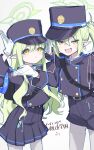  2girls black_hat black_shirt black_shorts black_skirt blue_archive blush closed_mouth fang gloves green_hair green_halo halo hat highlander_sidelocks_conductor_(blue_archive) highlander_twintails_conductor_(blue_archive) highres long_hair long_sleeves looking_at_viewer multiple_girls open_mouth pantyhose peaked_cap pleated_skirt pointy_ears ryo_(ryo_skrdi) shirt shorts simple_background skin_fang skirt smile white_background white_gloves white_pantyhose yellow_eyes 