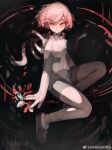  1girl android black_background body_tube cable character_name chinese_commentary commentary_request cytus cytus_ii highres invisible_chair looking_at_viewer metal_skin pink_eyes pink_hair shanshan_faguang_de_cainiao shoes short_hair sitting skin_seams vanessa_(cytus_ii) watermark weibo_watermark 