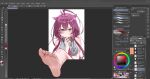  1girl ahoge antenna_hair arm_under_breasts art_program_in_frame canvas_sensei clip_studio_paint_(medium) closed_mouth collared_shirt colored_inner_hair controller_hair_ornament crossed_bangs double-parted_bangs feet foot_focus fourth_wall grey_background grey_shirt hair_between_eyes hair_flaps hair_ornament hand_on_own_chin highres juno_umezono long_hair looking_at_viewer multicolored_eyes multicolored_hair necktie purple_eyes purple_hair purple_necktie raised_eyebrow shirt single_bare_foot sleeveless sleeveless_shirt soles solo stroking_own_chin thinking through_medium toes upper_body virtual_youtuber vspo! vspo!_en white_background yellow_eyes 