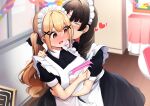  2girls absurdres apron averting_eyes bang_dream! bang_dream!_girls_band_party! black_dress black_hair blonde_hair blush breasts classroom closed_eyes commentary_request commission contrast_collar cowboy_shot dress embarrassed enmaided facing_another facing_away full-face_blush glasses hair_ornament hand_on_another's_shoulder highres holding_flyer ichigaya_arisa indoors kiss kissing_cheek large_breasts long_hair maid maid_apron maid_headdress medium_dress minato_yu multiple_girls school_festival short_sleeves sidelocks skeb_commission sleeve_cuffs small_sweatdrop torso_grab twintails white_apron x_hair_ornament yellow_eyes yuri 