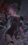  1girl arm_behind_back black_gloves commentary cowboy_shot dress evernight_(honkai:_star_rail) gloves hand_up highres holding holding_umbrella honkai:_star_rail honkai_(series) looking_to_the_side march_7th_(honkai:_star_rail) outdoors parted_lips pink_hair rain red_eyes solo standing umbrella yangsansui 