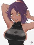  1girl armpits arms_behind_head arms_up black_leotard bleach bleach:_sennen_kessen-hen breasts commentary_request covered_collarbone dark-skinned_female dark_skin fukuya_art hair_ribbon highres large_breasts leotard long_hair looking_at_viewer open_mouth parted_bangs ponytail purple_hair red_ribbon ribbon shihouin_yoruichi shihouin_yoruichi_(innersuit)_(sennen_kessen-hen) sidelocks signature simple_background smug solo teeth tongue tongue_out tsurime upper_body upper_teeth_only v-shaped_eyebrows white_background yellow_eyes 