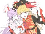  2girls absurdres animal_ears black_dress blonde_hair bound bound_wrists bruise commentary dalachi_(headdress) dress half-closed_eye hand_on_another's_shoulder highres holding holding_phone injury junko_(touhou) long_hair long_sleeves multiple_girls namewanoketsu parted_lips phone pink_shirt purple_hair rabbit_ears rabbit_girl red_eyes red_skirt red_tabard reisen_udongein_inaba scared selfie shirt short_hair simple_background skirt smile tabard tearing_up torn_clothes touhou very_long_hair white_background wide_sleeves 