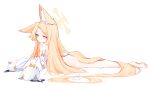  1girl absurdres animal_ear_fluff animal_ears ass bare_legs barefoot blonde_hair blue_archive bright_pupils closed_mouth commentary_request detached_sleeves diamond-shaped_pupils diamond_(shape) dot_mouth extra_ears forehead fox_ears fox_girl gradient_eyes halo highres light_blush long_hair looking_at_viewer lying multicolored_eyes nude on_stomach orange_eyes parted_bangs partial_commentary ribbon seia_(blue_archive) simple_background solo sonn_er symbol-shaped_pupils tail tail_ornament tail_ribbon toes very_long_hair white_background white_pupils white_ribbon wide_sleeves yellow_eyes yellow_ribbon 