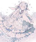 1girl angel_wings beret bow bowtie bug butterfly butterfly_hair_ornament collared_dress dress feathered_wings flower frilled_dress frilled_dress_collar frilled_sleeves frills hair_flower hair_ornament hair_wings halo hat head_wings highres layered_dress layered_sleeves littlebluemuffin looking_up original petals ribbon watermark white_background white_bow white_bowtie white_butterfly white_eyes white_flower white_hair white_halo white_ribbon wings 