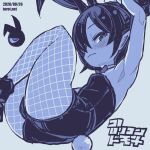  1girl alternate_hairstyle animal_ears arm_up armpits ass backbeako_(torotei) backbeard bare_shoulders blush bow bowtie breasts closed_mouth commentary dated dated_commentary detached_collar fake_animal_ears fishnet_pantyhose fishnets from_side gegege_no_kitarou hair_bun hair_over_one_eye high_heels knees_up kono_lolicon_domome leotard light_frown looking_at_viewer looking_to_the_side lying monochrome original paid_reward_available pantyhose playboy_bunny pointy_ears presenting_own_armpit rabbit_ears rabbit_tail shoes short_hair simple_background slit_pupils small_breasts solo strapless strapless_leotard tail torotei translated web_address wrist_cuffs 