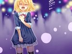  black_legwear blonde_hair blush cellphone closed_eyes dress hair_ornament hairclip kagamine_rin open_mouth phone ribbon sad short_hair skirt sleeves_folded_up solo tears thighhighs vocaloid yayoi_(egoistic_realism) 