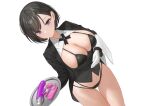  1girl absurdres bikini black_bikini black_hair black_jacket breasts butler cameltoe cleavage closed_mouth collared_shirt contrapposto dildo dutch_angle egg_vibrator expressionless female_butler gloves groin highres holding holding_tray jacket jfjf large_breasts long_sleeves looking_at_viewer open_clothes open_jacket original purple_eyes sex_toy shirt short_hair solo swept_bangs swimsuit towel transparent_background tray vibrator voice_drama_available white_gloves white_shirt 