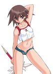  arm_up armpits breasts brown_eyes brown_hair covered_nipples crop_top denim denim_shorts groin mahou_shoujo_ai midriff navel open_clothes open_shorts rin_(mahou_shoujo_ai) ruuen_rouga shorts small_breasts solo unbuttoned weapon 
