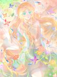  1girl absurdres bare_shoulders beads blonde_hair blue_butterfly bow bug butterfly cherry_blossoms chinese_commentary circlet colored_extremities commentary_request cowboy_shot day detached_sleeves dress dress_flower drill_hair expressionless florabound_promise_(infinity_nikki) flower garden gradient_sleeves green_dress green_eyes green_sleeves hair_beads hair_bow hair_ornament halter_dress halterneck hand_up highres hydrokinesis infinity_nikki large_bow light_particles long_hair looking_at_viewer mao_zhao_lei' nikki_(series) outdoors parted_bangs plant procreate_(medium) purple_butterfly purple_flower red_butterfly red_flower sidelocks solo spring_(season) twin_drills two-tone_sleeves very_long_hair vines water white_bow white_sleeves yellow_flower 