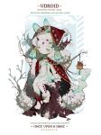  1girl animal_ears animal_feet asymmetrical_legwear bell blush braid braided_bangs branch breasts bush cape closed_mouth commentary cracked_skin doll_joints dress english_commentary english_text facial_mark flower forehead_mark fur-trimmed_cape fur-trimmed_hood fur_trim gold_trim hair_ornament heterochromia highres hood horns joints layered_dress littlebluemuffin mismatched_legwear neck_bell on_tree_stump original rabbit_ears red_cape short_hair sitting small_breasts snow snowflake_hair_ornament snowflake_print stirrup_legwear symbol-shaped_pupils tassel thick_eyebrows toeless_legwear tree_stump white_background white_dress white_flower white_hair 