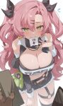  1girl 1other absurdres amillion_(zenless_zone_zero) belt black_shorts breasts brown_belt cleavage closed_mouth clothing_cutout commentary crop_top earrings english_commentary flying_sweatdrops green_eyes heart heart_earrings highres jewelry long_hair looking_at_viewer lvemhrd micro_shorts mole mole_on_breast mole_on_thigh mole_under_eye mouth_hold navel nicole_demara o-ring o-ring_thigh_strap paizuri_invitation pink_hair pov pov_hands shorts shoulder_cutout simple_background single_thighhigh strapless stuffed_toy thigh_strap thighhighs tube_top white_background white_tube_top zenless_zone_zero 