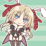  1girl animal_ears argyle_clothes argyle_thighhighs black_leotard black_panties blonde_hair blue_eyes blush_stickers bow bow_panties breasts chibi chibi_only closed_mouth commentary_request ear_ribbon feet_out_of_frame garter_straps green_background hair_ornament hair_scrunchie hands_on_own_hips hapymaher highres large_breasts leaning_to_the_side leotard long_hair low_twintails outline panties plaid_ribbon playboy_bunny rabbit_ears rabbit_girl red_bow red_ribbon red_scrunchie ribbon scrunchie simple_background smile solo split_mouth standing strapless strapless_leotard tailcoat_playboy_bunny tsukioli twintails underwear white_outline white_wrist_cuffs wrist_cuffs yayoi_b_lutwidge 
