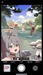  5girls absurdres animal_ears bare_legs bikini black_bikini black_choker blonde_hair bt_(user_udwc7853) can choker closed_eyes cloud coca-cola dark-skinned_female dark_skin doro_(nikke) fang forest fox_ears fox_tail green_eyes grey_hair happy highres long_hair looking_at_viewer midriff multiple_girls nature navel one-piece_swimsuit open_mouth original outdoors sky solo_focus standing swimsuit tail viewfinder water water_gun white_bikini white_one-piece_swimsuit 