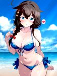  1girl ahoge beach bikini black_hair blue_bikini blue_eyes braid breasts cleavage commentary_request front-tie_bikini_top front-tie_top hair_between_eyes hair_flaps hair_over_shoulder heart highres horizon kantai_collection large_breasts leaning_forward long_hair noppo-san ocean official_alternate_costume shigure_(kancolle) shigure_kai_san_(kancolle) shigure_kai_san_(swimsuit)_(kancolle) side-tie_bikini_bottom single_braid solo spoken_heart swimsuit 