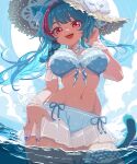  1girl animal_ear_fluff animal_ears aqua_hair bikini blue_bikini blue_nails blush breasts cat_ears cat_girl cat_tail choker colored_eyelashes commentary hand_on_own_hip hat highres kira_i large_breasts looking_at_viewer mint_(nte) mint_(saltwater_taffy)_(nte) multicolored_hair nail_polish neverness_to_everness official_alternate_costume open_mouth pink_eyes pink_streaks solo straw_hat streaked_hair swimsuit tail wading water white_choker 
