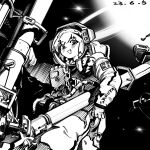  1girl :d blush character_name chenwei_jun chinese_commentary commentary_request dated greyscale highres izayoi_sakuya machine maid_headdress monochrome open_mouth sketch smile solo space spacecraft spacesuit spacewalk star_(sky) touhou translation_request 