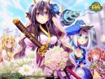  4girls ^_^ ahoge apupu artist_name black_gloves blonde_hair blue_eyes blue_hat blue_jacket blue_sky blue_sleeves bodysuit bow breasts brown_hair brown_jacket castle cleavage closed_eyes copyright_logo copyright_notice dress drill ecobou_alma emil_chronicle_online flower foxtrot_b3_alma glasses gloves hair_bow hair_flower hair_ornament hat holding holding_flower holding_sword holding_weapon horns izanami_(eco) jacket japanese_clothes katana kimono large_breasts logo mini_hat multiple_girls off-shoulder_dress off_shoulder official_art olivia_(eco) open_mouth petals pink_dress pink_sleeves purple_dress purple_eyes purple_hair purple_veil red_bow red_eyes shirt short_twintails sky smile sword twintails veil weapon white_hair wide_sleeves yellow_horns yellow_kimono yellow_shirt 