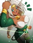 accessory aisha_clanclan animal_humanoid bell bell_collar braided_hair braided_ponytail breasts brown_body brown_skin cleavage clothed clothing collar ctarl-ctarl emanata felid felid_humanoid feline feline_humanoid female glistening glistening_breasts gold_headband green_clothing green_eyes hair hair_accessory hair_ring hi_res humanoid looking_at_viewer mammal mammal_humanoid one_fang open_mouth open_smile outlaw_star pink_tongue pointy_ears ponytail redrabbu smile smiling_at_viewer solo tongue white_hair