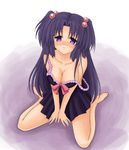  barefoot blue_hair blush breasts clannad cleavage hair_bobbles hair_ornament ichinose_kotomi kneeling legs long_hair medium_breasts muguru nightgown pout purple_eyes solo strap_slip two_side_up 