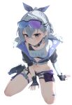  1girl absurdres badge bandaid black_gloves black_jacket black_shorts bow breasts button_badge drill_hair eyewear_on_head fingerless_gloves fishnet_shorts fur-trimmed_jacket fur_trim gloves gradient-tinted_eyewear grey_eyes grey_hair hair_bow highres honkai:_star_rail honkai_(series) jacket long_hair midriff navel ponytail purple-tinted_eyewear shiitakee_(pixiv_123910785) shirt shorts silver_wolf_(honkai:_star_rail) single-shoulder_shirt sitting skindentation small_breasts smile thigh_strap tinted_eyewear wariza white_shirt 