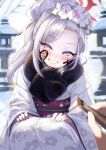  1girl 1other 35suke absurdres black_scarf blue_archive breath calligraphy_brush commentary doodle_sensei_(blue_archive) facial_mark feet_out_of_frame flower fur_scarf grin hair_bun hair_flower hair_ornament halo highres holding holding_brush japanese_clothes kimono long_hair long_sleeves looking_at_viewer mutsuki_(blue_archive) mutsuki_(new_year)_(blue_archive) official_alternate_costume official_alternate_hairstyle outdoors paintbrush pink_flower pointy_ears purple_eyes red_halo sash scarf sensei_(blue_archive) slit_pupils smile snow solo_focus squatting stone_lantern white_hair white_kimono wide_sleeves x_(symbol) x_facial_mark 
