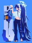  1girl absurdres adjusting_clothes adjusting_panties alternate_costume alternate_hairstyle aris_(blue_archive) arm_up black_panties black_sandals blue_archive blue_background blue_eyes blue_hair blue_pants bow bow_hairband bracelet bright_pupils casual charm_(object) commentary crop_top denim english_commentary flip-flops from_behind full_body granvell hairband halo hand_on_weapon highleg highleg_panties highres huge_weapon jeans jewelry kei_(orange_robot)_(blue_archive) light_blush long_hair long_sidelocks looking_at_viewer looking_back millennium_science_school_logo multi-source_commentary panties pants parted_lips ponytail profile railgun rectangular_halo ringed_eyes sandals shirt short_sleeves side-tie_panties sidelocks simple_background solo standing tied_shirt turning_head underwear very_long_hair weapon white_bow white_hairband white_halo white_pupils white_shirt 