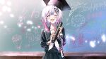  1girl akane_(getwild23) artist_name black_hat black_sailor_collar black_serafuku black_shirt black_skirt collarbone commentary_request crying diploma diploma_tube facing_viewer gradient_hair graduation hair_ornament hat highres holding holding_diploma long_sleeves mahou_shoujo_no_majo_saiban mortarboard multicolored_hair neckerchief one-hour_drawing_challenge open_mouth pink_hair pleated_skirt sailor_collar sakuraba_ema school_uniform serafuku shirt short_hair signature skirt smile solo straight-on upper_body white_hair white_neckerchief x_hair_ornament 