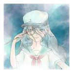  1girl alternate_hair_length_(longer) anchor_symbol aqua_eyes black_hair border collared_shirt expressionless fog hat highres hishaku hnsn_1715102 holding holding_ladle ladle long_hair looking_at_viewer murasa_minamitsu neckerchief red_neckerchief sailor_hat shirt short_sleeves solo touhou twitter_username upper_body white_border white_hat white_shirt 